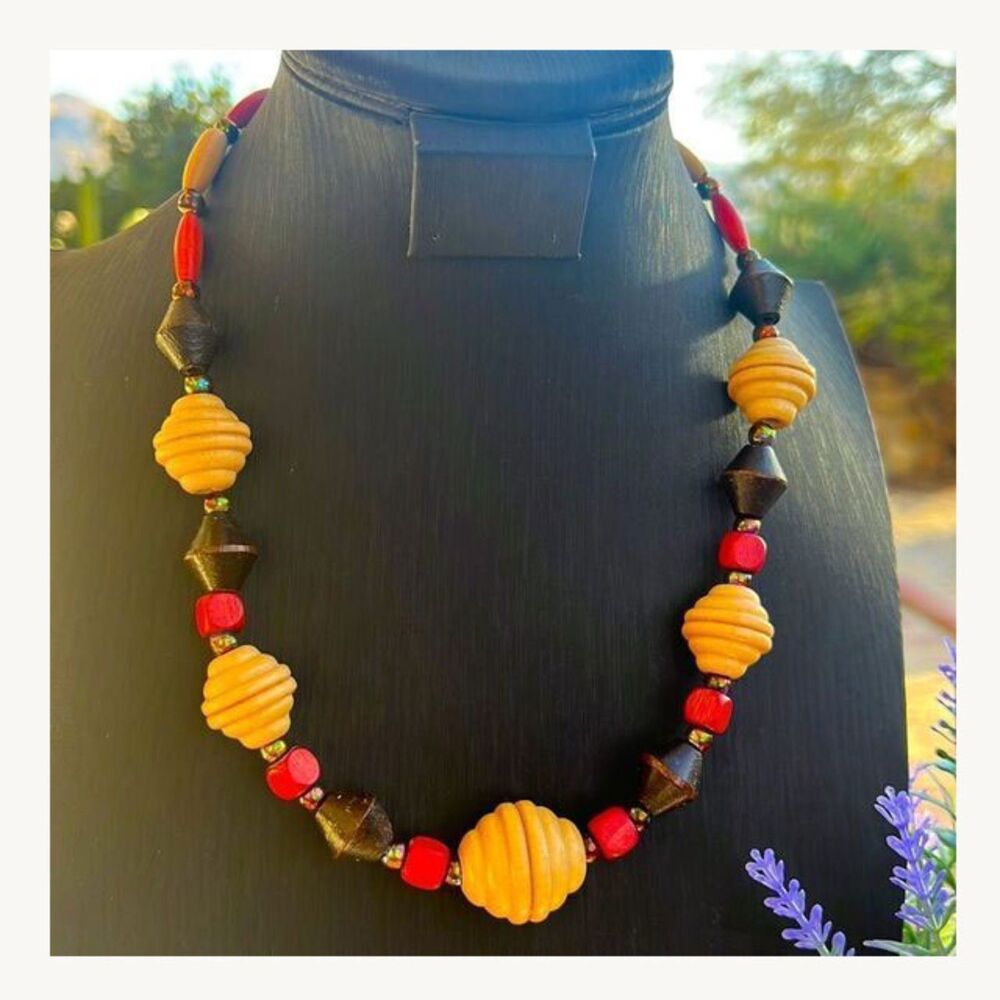 Vintage 80’s Colorful Wood Bead Necklace 
